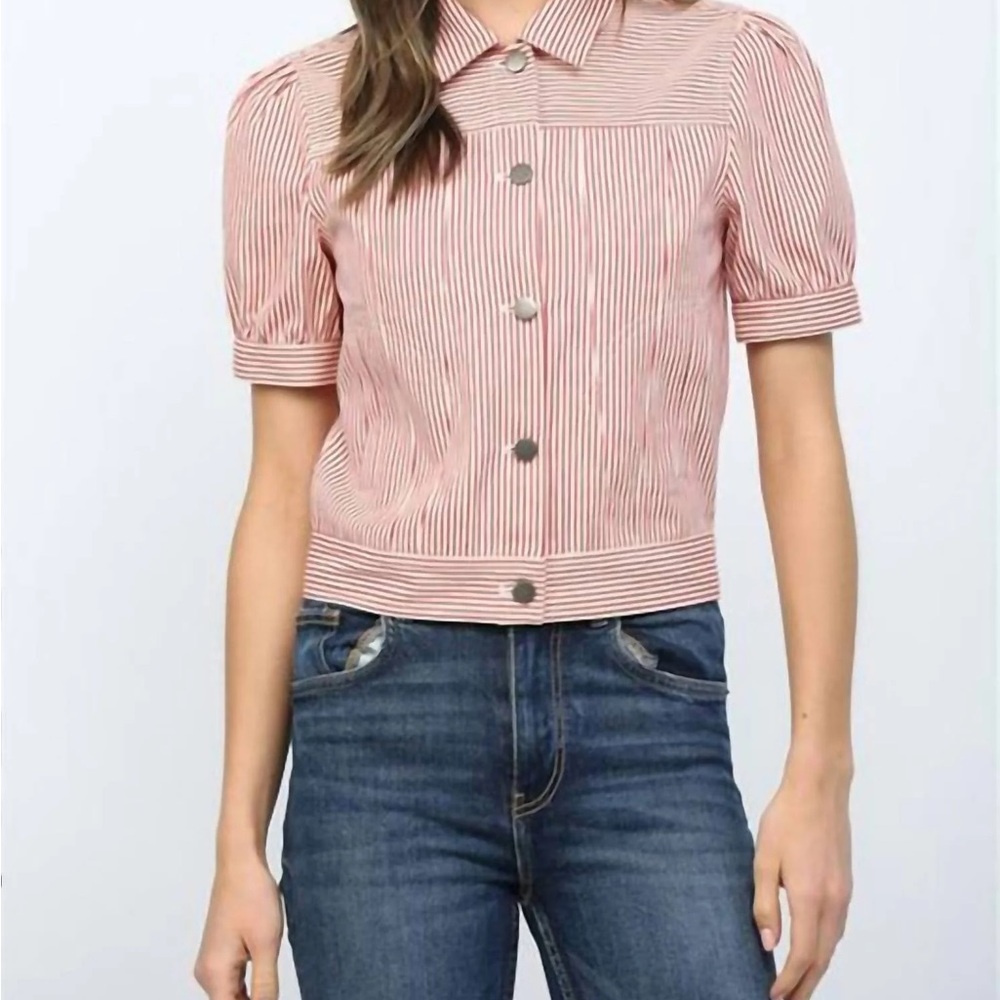 Striped Red Short-Sleeve Button Front Top NWOT